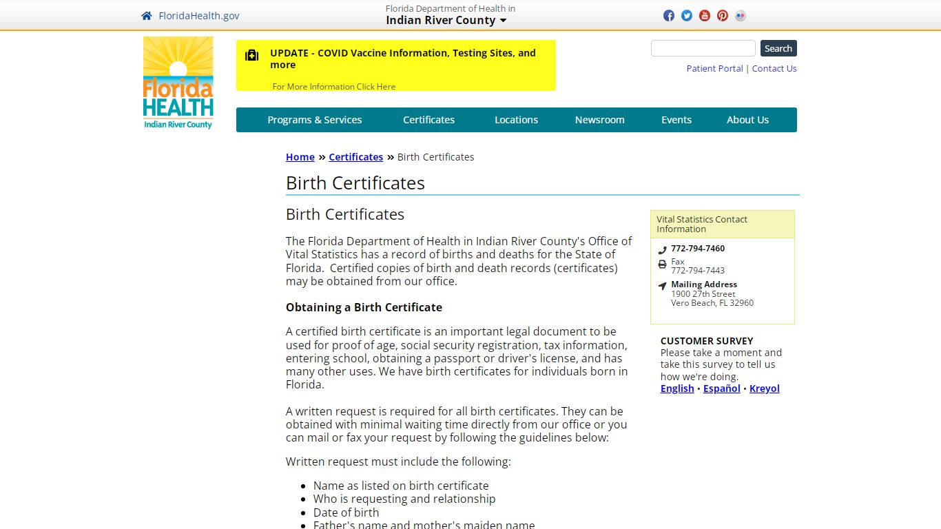 Birth Certificates | Florida Department of Health in Indian River